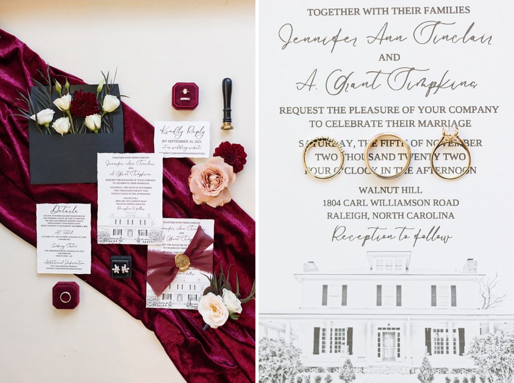 Burgundy and black wedding suite and wedding invitation with venue | Fall wedding at Walnut Hill in Raleigh NC | Raleigh NC wedding photographer 