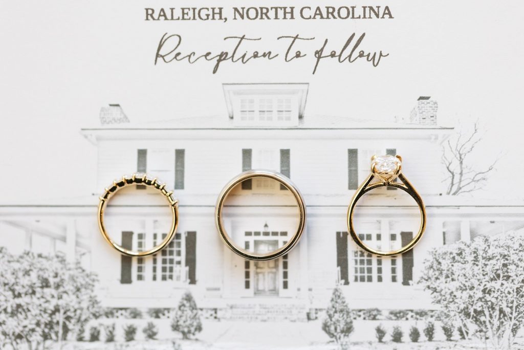 gold wedding bands on invitation with Walnut Hill wedding venue | Fall wedding at Walnut Hill in Raleigh NC | Raleigh NC wedding photographer 