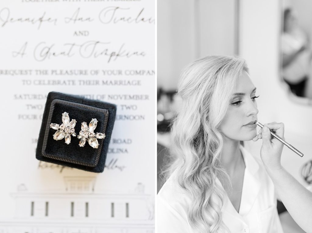 diamond earrings and bride getting make up done  | Fall wedding at Walnut Hill in Raleigh NC | Raleigh NC wedding photographer 