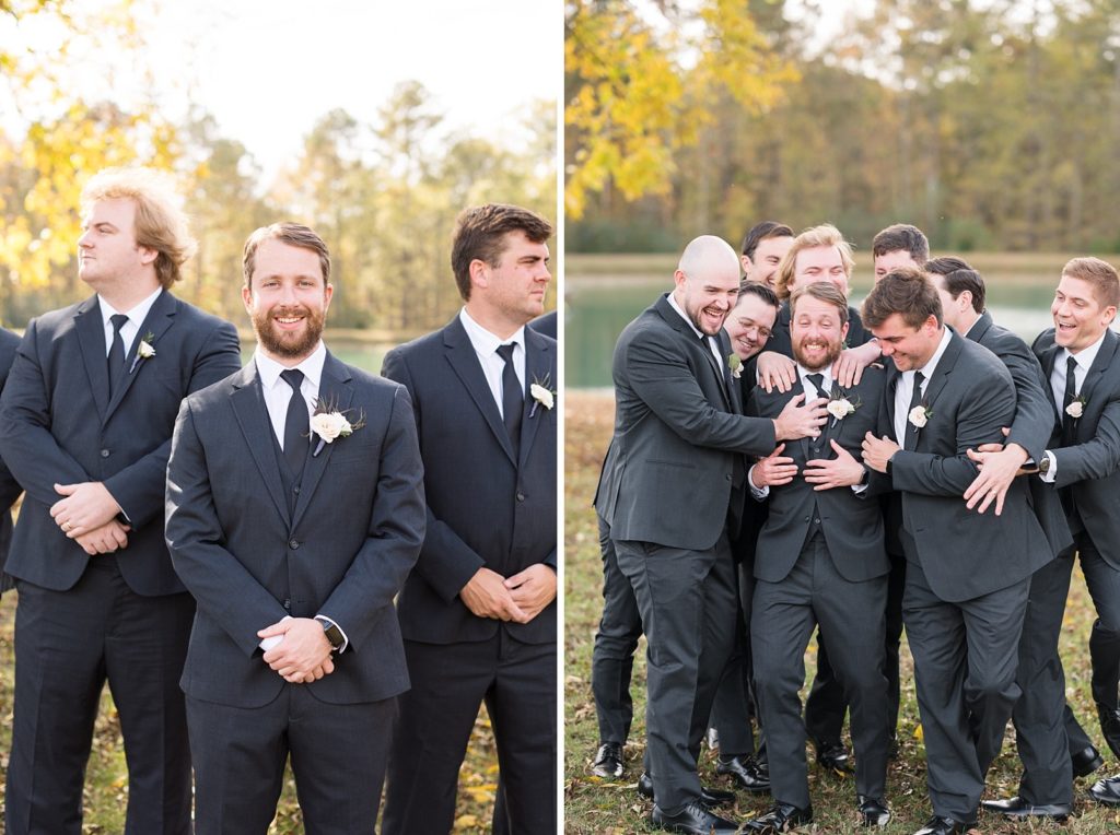 groom and groomsmen jumping on the groom  | Fall wedding at Walnut Hill in Raleigh NC | Raleigh NC wedding photographer 