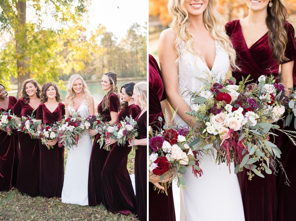 bride with her bridesmaids and burgundy, white and green wedding bouquets  | Fall wedding at Walnut Hill in Raleigh NC | Raleigh NC wedding photographer 