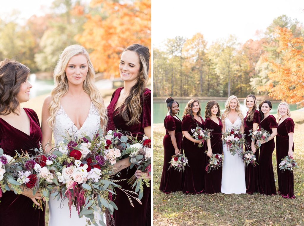bride with her bridesmaids outside  | Fall wedding at Walnut Hill in Raleigh NC | Raleigh NC wedding photographer 