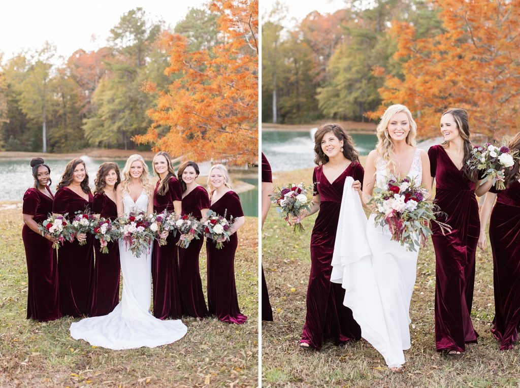 bride with her bridesmaids wearing burgundy  | Fall wedding at Walnut Hill in Raleigh NC | Raleigh NC wedding photographer 