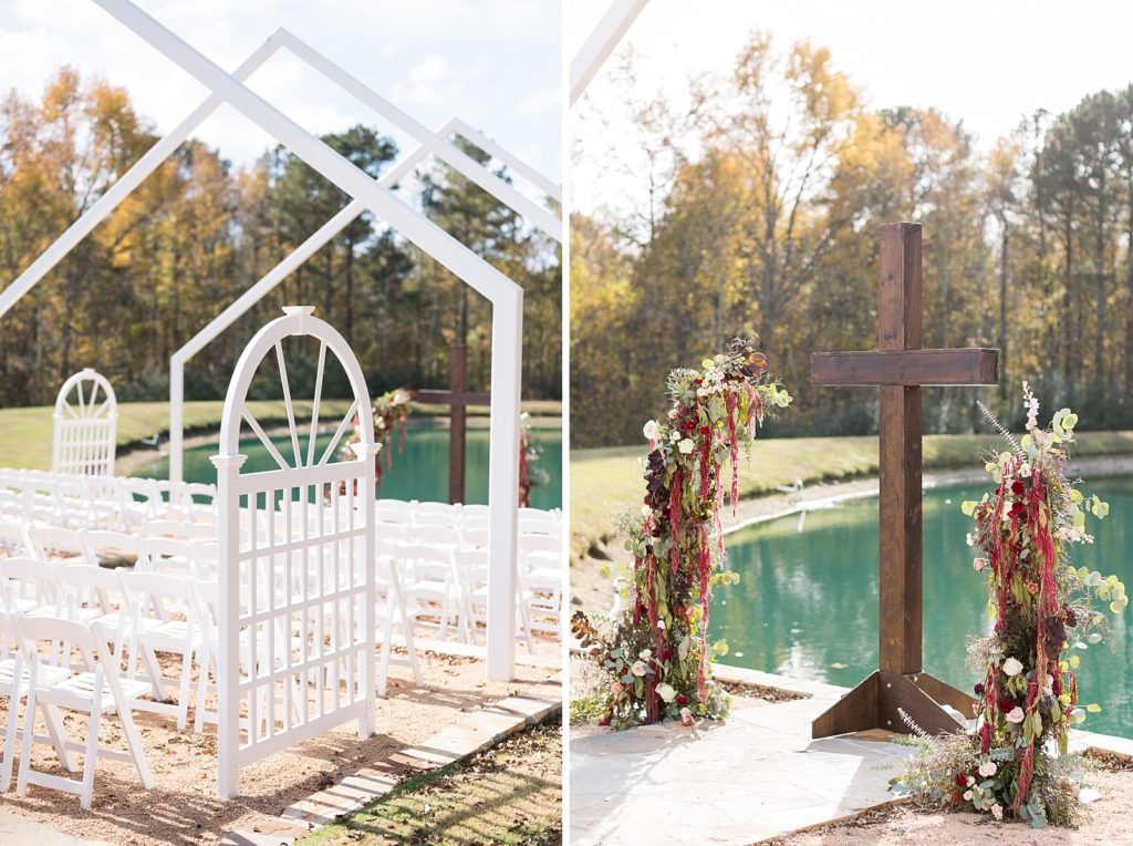 ceremony location details and ceremony cross at alter  | Fall wedding at Walnut Hill in Raleigh NC | Raleigh NC wedding photographer 