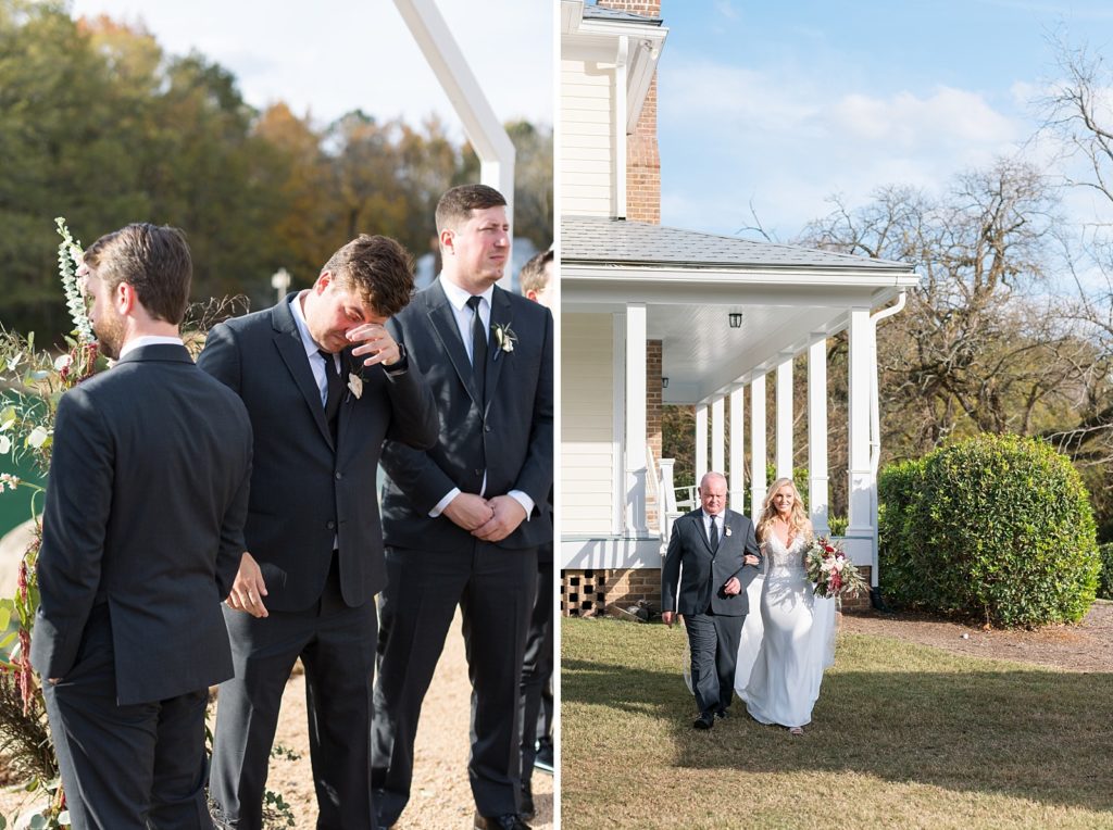 groomsmen crying and bride walking down the aisle  | Fall wedding at Walnut Hill in Raleigh NC | Raleigh NC wedding photographer 