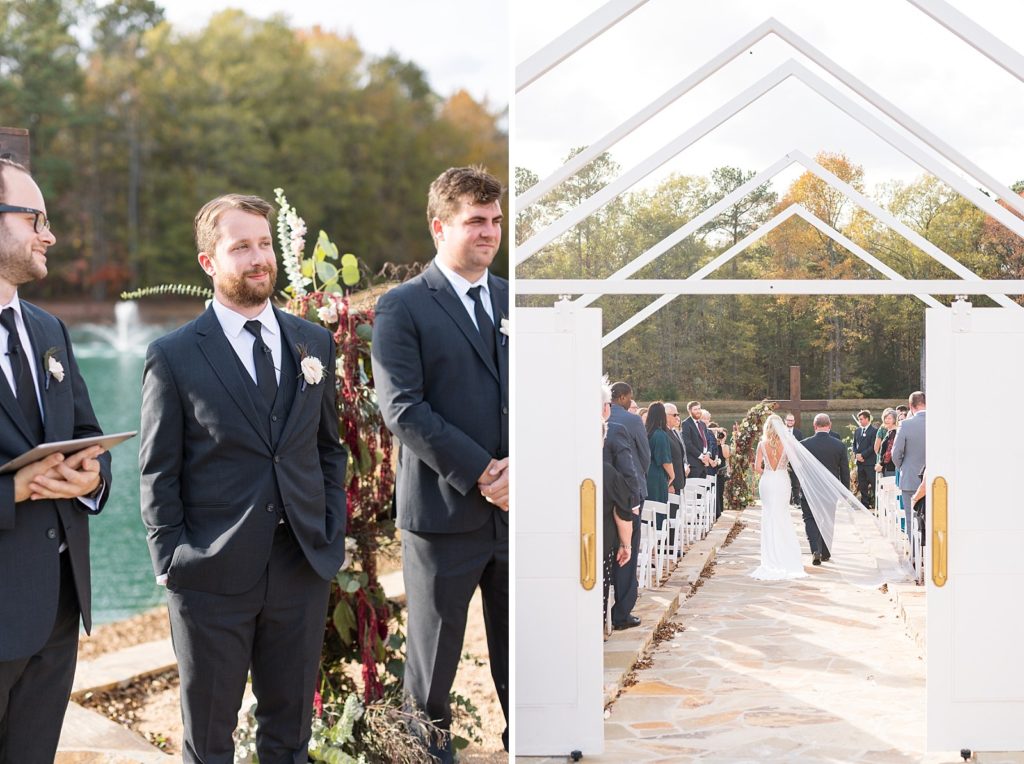 groom first look and bride walking down the aisle  | Fall wedding at Walnut Hill in Raleigh NC | Raleigh NC wedding photographer 