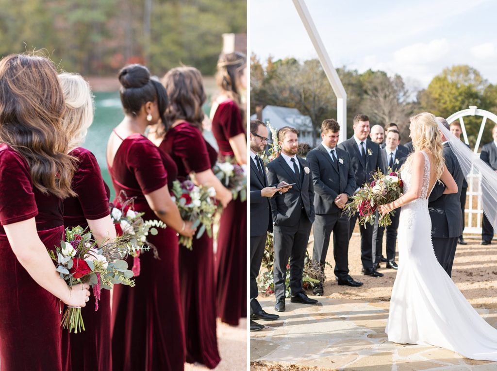 bridesmaids at the alter and bride walking up to her groom  | Fall wedding at Walnut Hill in Raleigh NC | Raleigh NC wedding photographer 