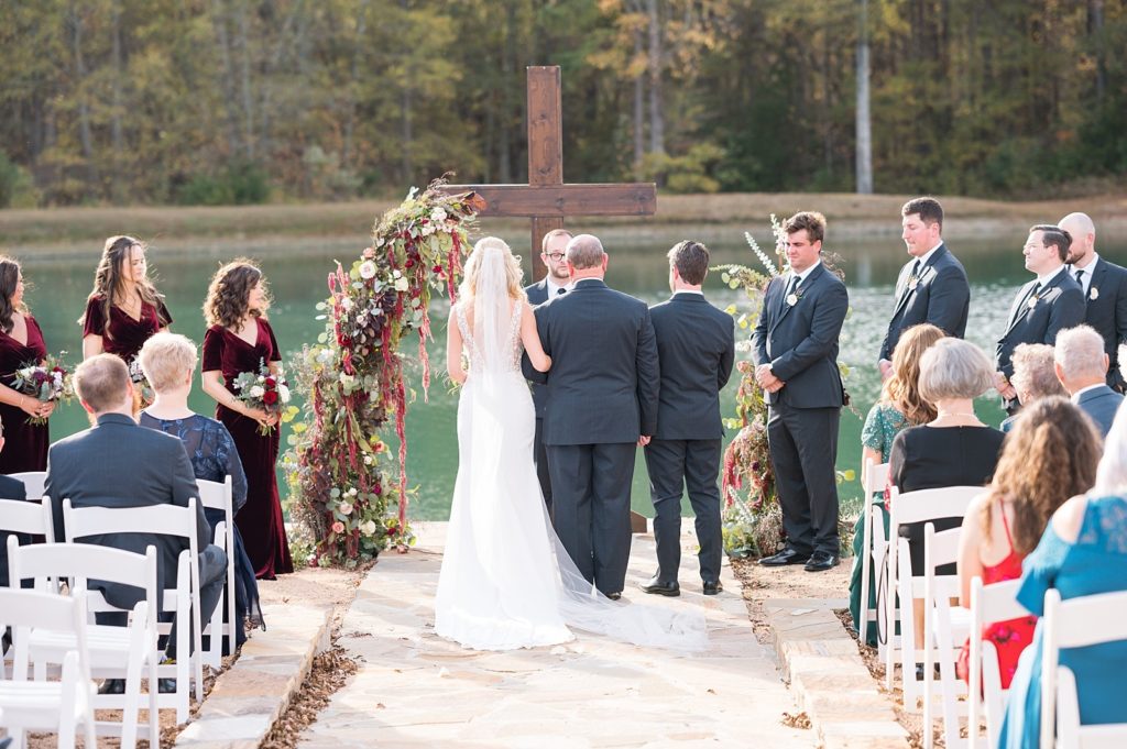 father of the bride giving her away  | Fall wedding at Walnut Hill in Raleigh NC | Raleigh NC wedding photographer 