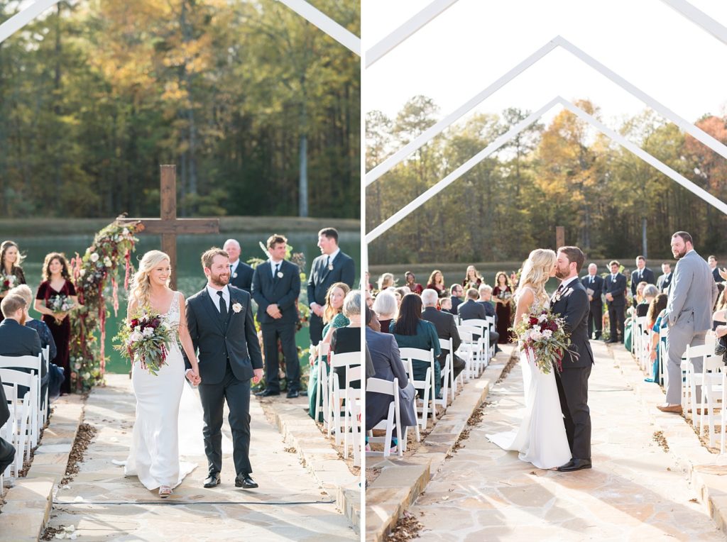 bride and groom walking down the aisle and bride and groom kissing down the aisle | Fall wedding at Walnut Hill in Raleigh NC | Raleigh NC wedding photographer 