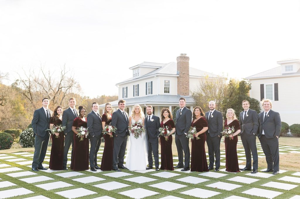 wedding party standing on the lawn | Fall wedding at Walnut Hill in Raleigh NC | Raleigh NC wedding photographer 