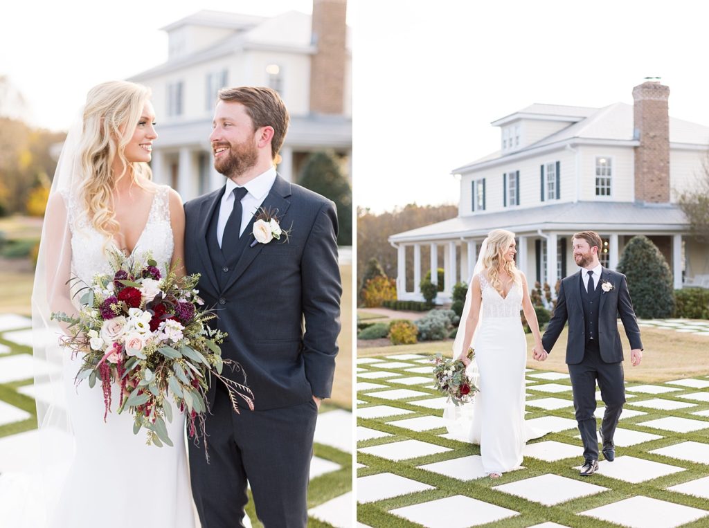 bride and groom look at each other and walking hand in hand | Fall wedding at Walnut Hill in Raleigh NC | Raleigh NC wedding photographer 