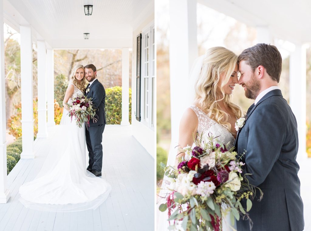 bride and groom on venue porch | Fall wedding at Walnut Hill in Raleigh NC | Raleigh NC wedding photographer 