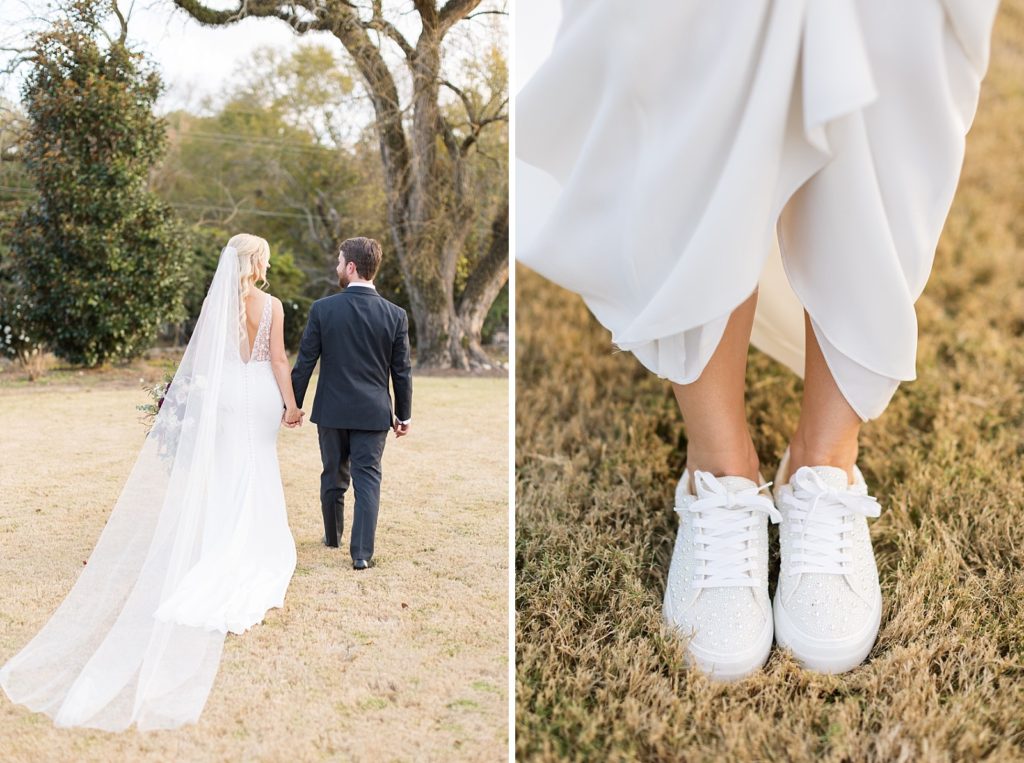 bride and groom walking and bride wearing beaded withe sneakers | Fall wedding at Walnut Hill in Raleigh NC | Raleigh NC wedding photographer 