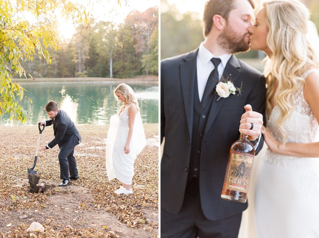 bride and groom burying a bottle of bourbon bride and groom | Fall wedding at Walnut Hill in Raleigh NC | Raleigh NC wedding photographer 