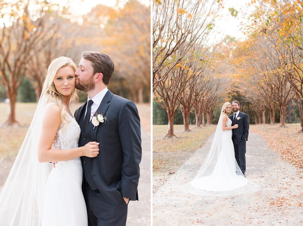 bride and groom on a tree lined path | Fall wedding at Walnut Hill in Raleigh NC | Raleigh NC wedding photographer 