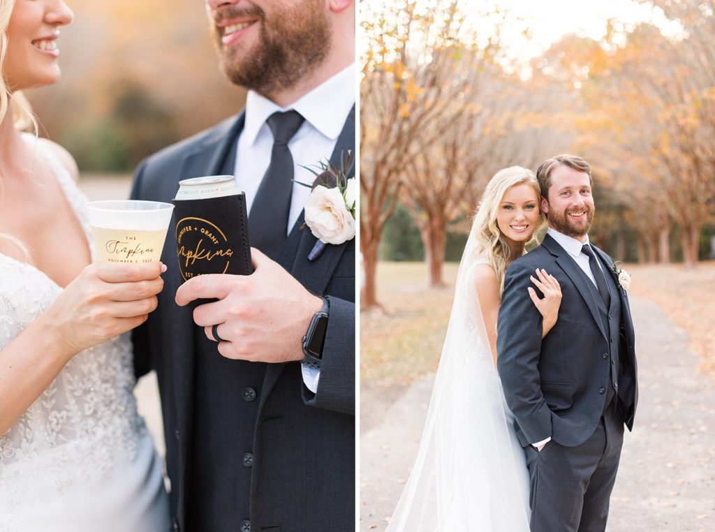 bride and groom cheersing  | Fall wedding at Walnut Hill in Raleigh NC | Raleigh NC wedding photographer 