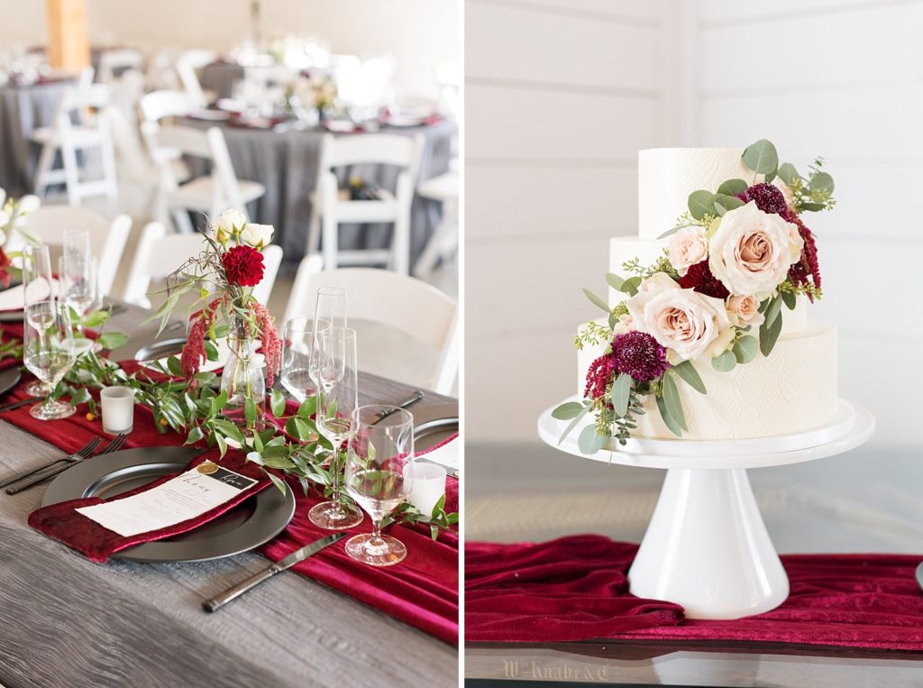 burgundy place setting and wedding cake | Fall wedding at Walnut Hill in Raleigh NC | Raleigh NC wedding photographer 