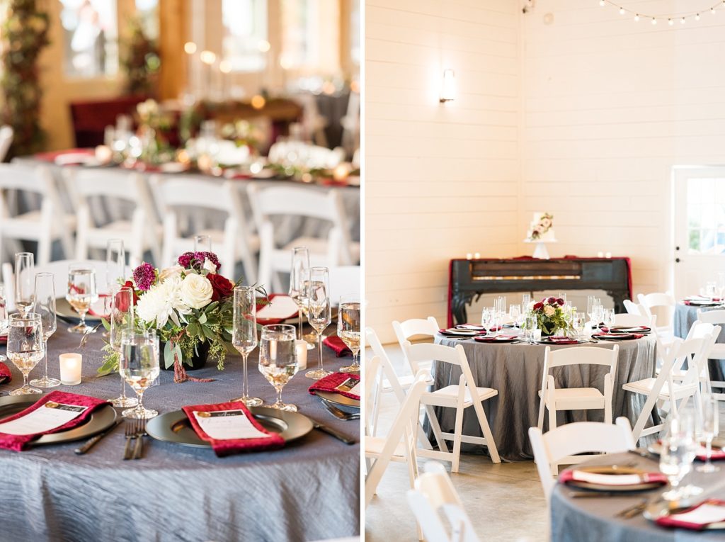 burgundy and gray tablescapes | Fall wedding at Walnut Hill in Raleigh NC | Raleigh NC wedding photographer 