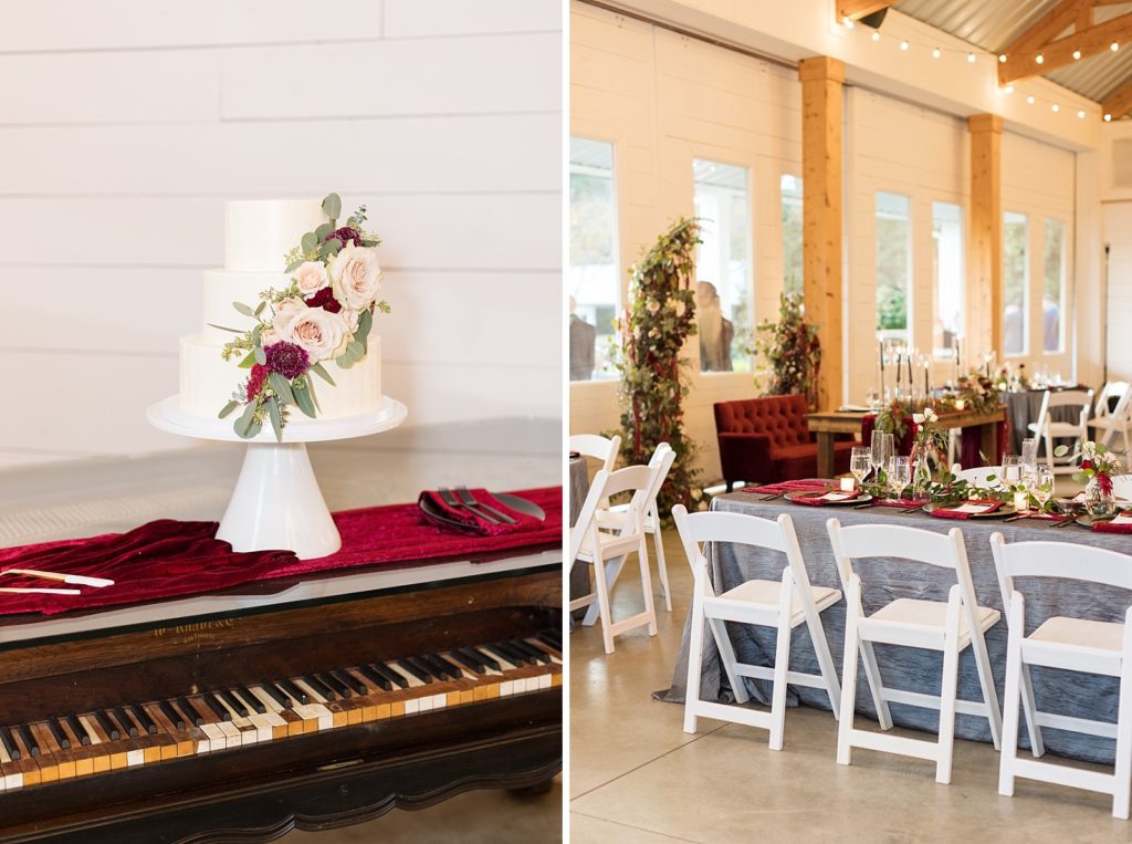 Wedding cake on piano and view of sweetheart table | Fall wedding at Walnut Hill in Raleigh NC | Raleigh NC wedding photographer 