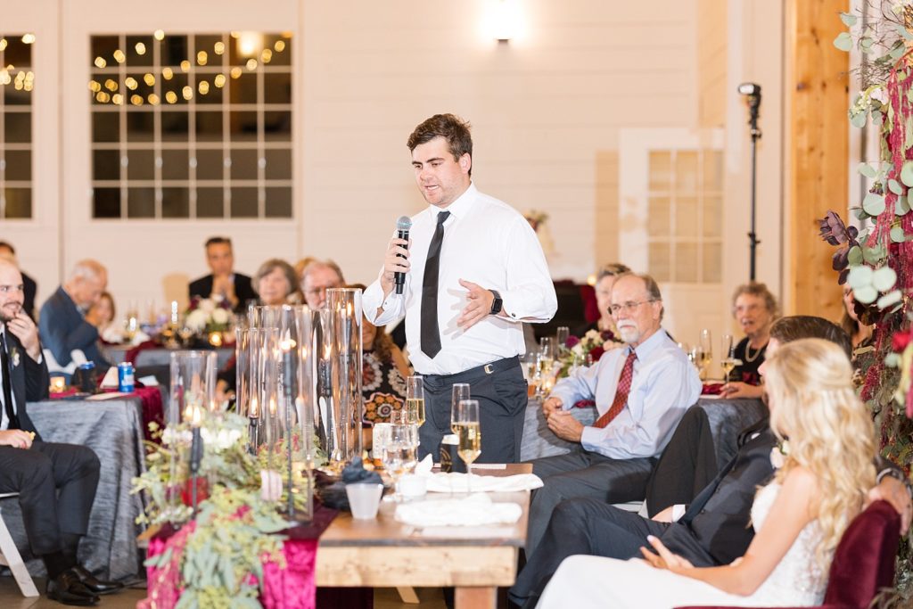 best man giving his speech | Fall wedding at Walnut Hill in Raleigh NC | Raleigh NC wedding photographer 