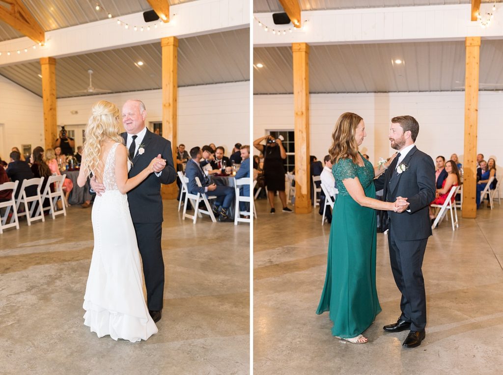 bride dancing with her father and groom dancing with mom | Fall wedding at Walnut Hill in Raleigh NC | Raleigh NC wedding photographer 