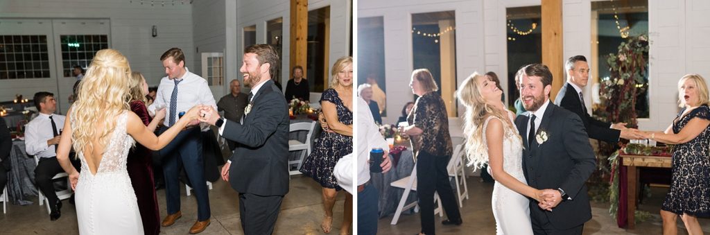 bride and groom dancing during reception guests dancing | Fall wedding at Walnut Hill in Raleigh NC | Raleigh NC wedding photographer 