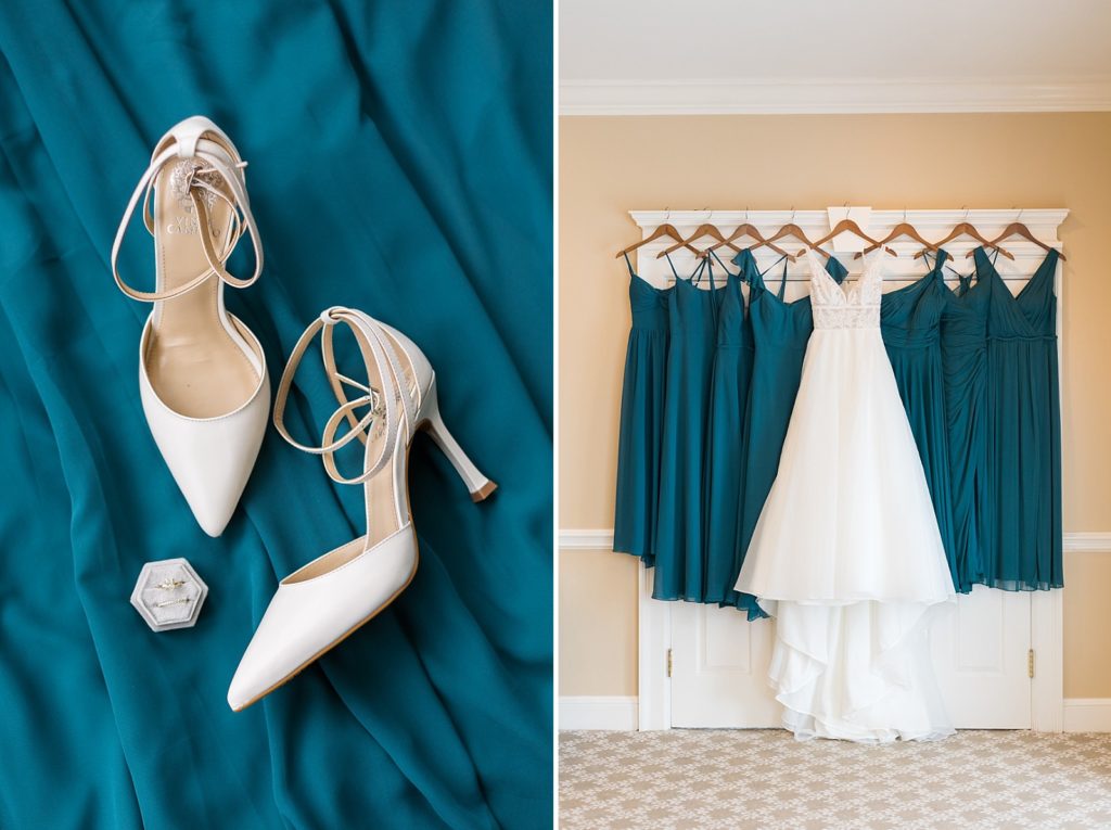 Bridal shoes and wedding dress hanging with emerald bridesmaid dresses | Fall wedding at Hope Valley Country Club | Durham Wedding | Raleigh NC wedding photographer 