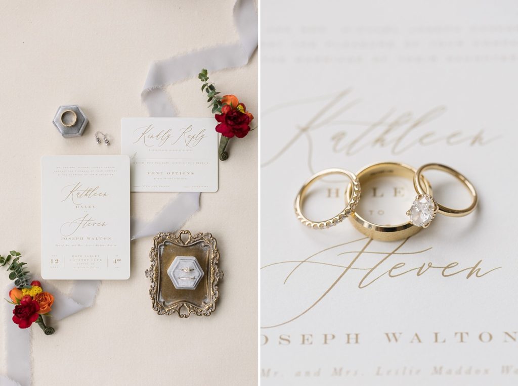 Wedding invitation suite and wedding bands stacked together on invite | Fall wedding at Hope Valley Country Club | Durham Wedding | Raleigh NC wedding photographer 
