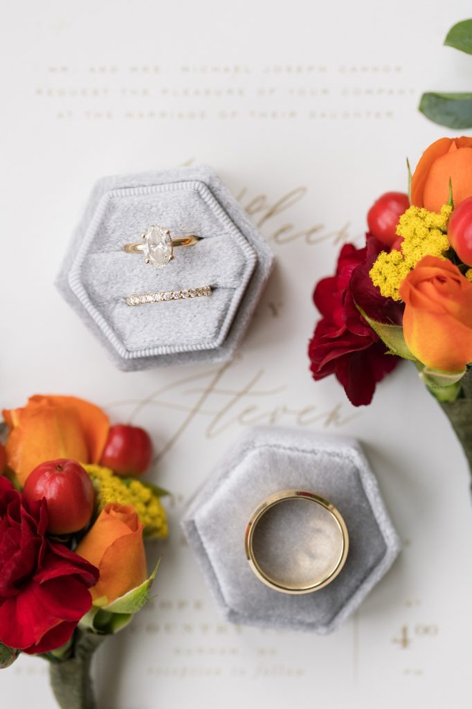 gold and diamond wedding band in gray ring box | Fall wedding at Hope Valley Country Club | Durham Wedding | Raleigh NC wedding photographer 