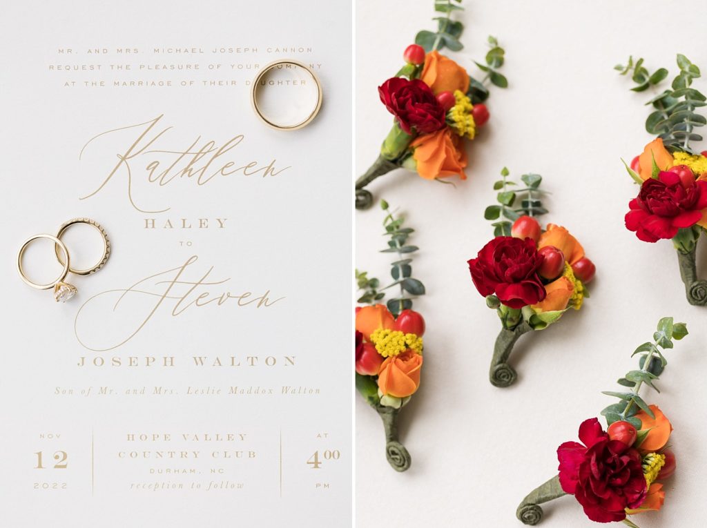 brings on white and gold invitation and fall colored boutonniere | Fall wedding at Hope Valley Country Club | Durham Wedding | Raleigh NC wedding photographer 