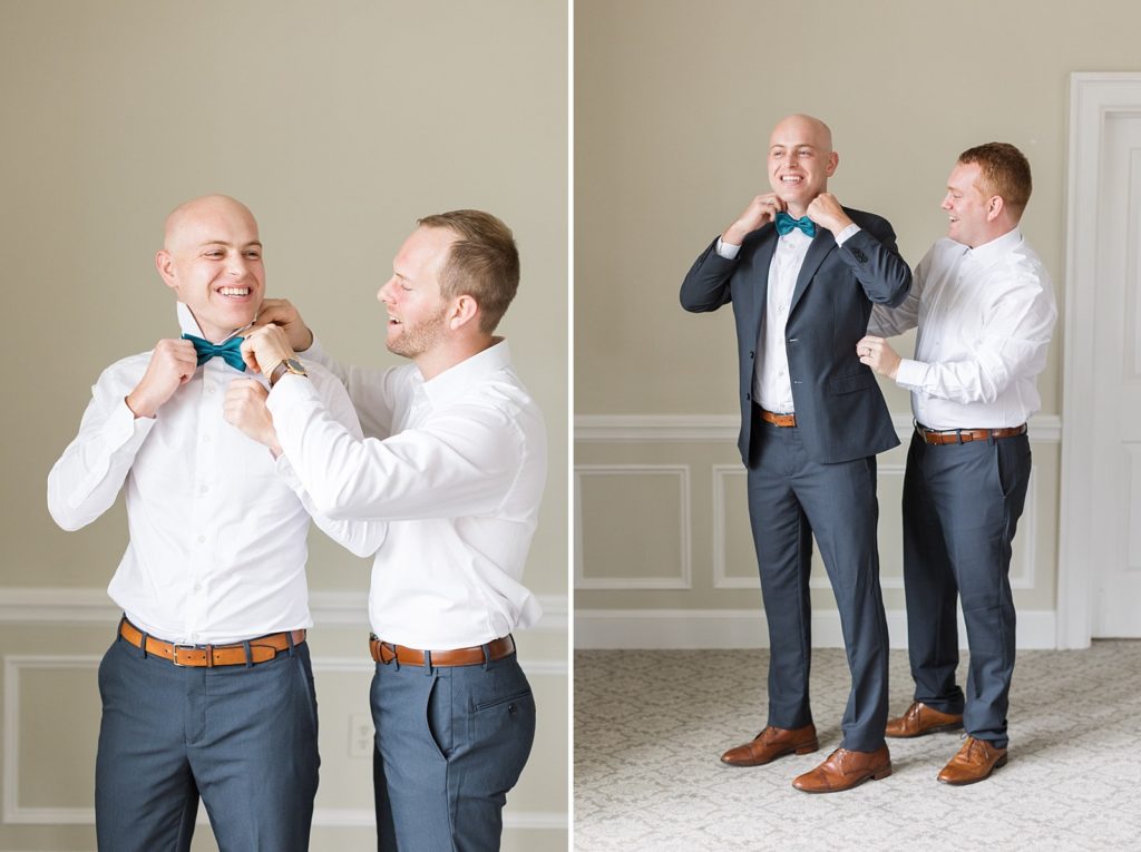 groom getting ready with assistance from his groomsmen | Fall wedding at Hope Valley Country Club | Durham Wedding | Raleigh NC wedding photographer 