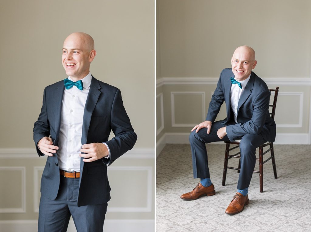 groom wearing black suit and green bowtie | Fall wedding at Hope Valley Country Club | Durham Wedding | Raleigh NC wedding photographer 