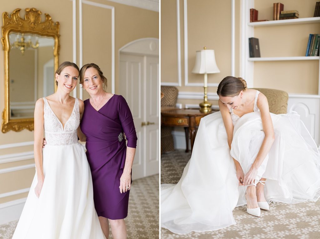 Bride with her mom and bride putting on her wedding shoes | Fall wedding at Hope Valley Country Club | Durham Wedding | Raleigh NC wedding photographer 