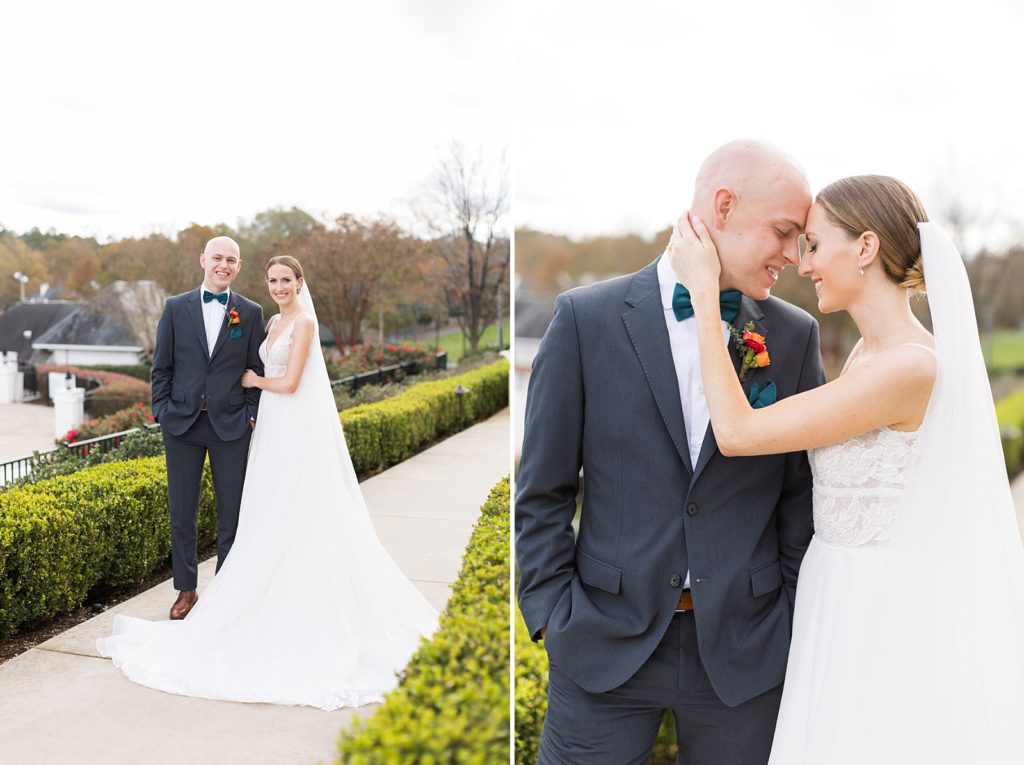 bride and groom outside | Fall wedding at Hope Valley Country Club | Durham Wedding | Raleigh NC wedding photographer 