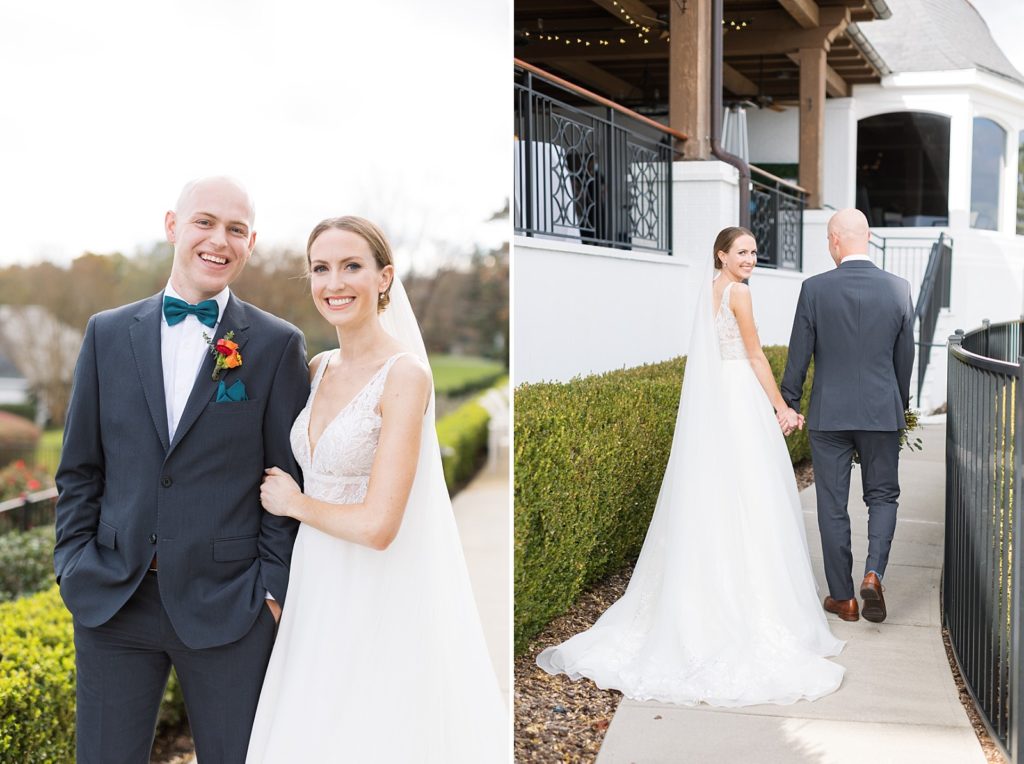 bride and groom smiling and bride and groom walking to their venue | Fall wedding at Hope Valley Country Club | Durham Wedding | Raleigh NC wedding photographer 