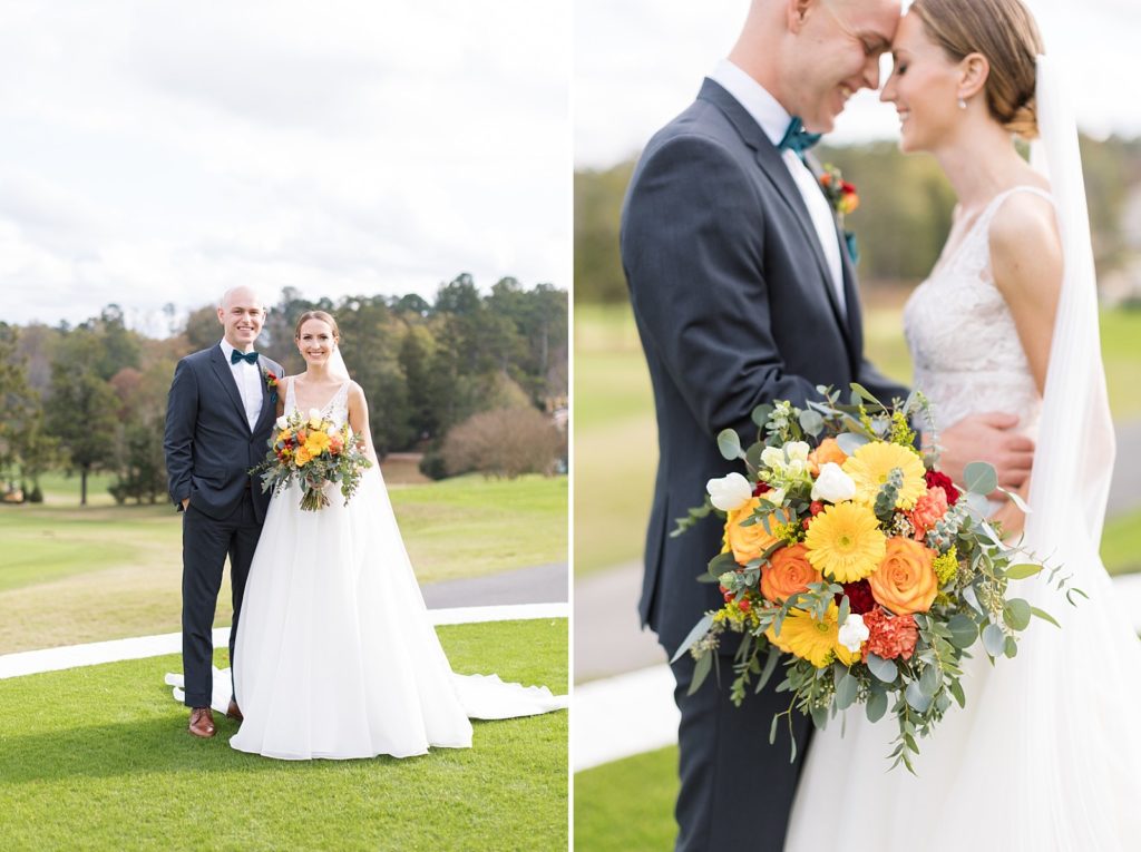 bride and groom on golf course | Fall wedding at Hope Valley Country Club | Durham Wedding | Raleigh NC wedding photographer 