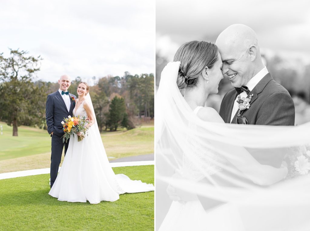 Bride and groom on golf course and black and white photo of bride and groom with veil blowing in the wind | Fall wedding at Hope Valley Country Club | Durham Wedding | Raleigh NC wedding photographer 