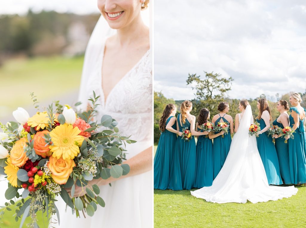 bridal bouquet and bride with her bridesmaids in turquoise | Fall wedding at Hope Valley Country Club | Durham Wedding | Raleigh NC wedding photographer 