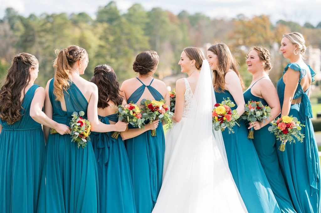 bride with her bridesmaids | Fall wedding at Hope Valley Country Club | Durham Wedding | Raleigh NC wedding photographer 