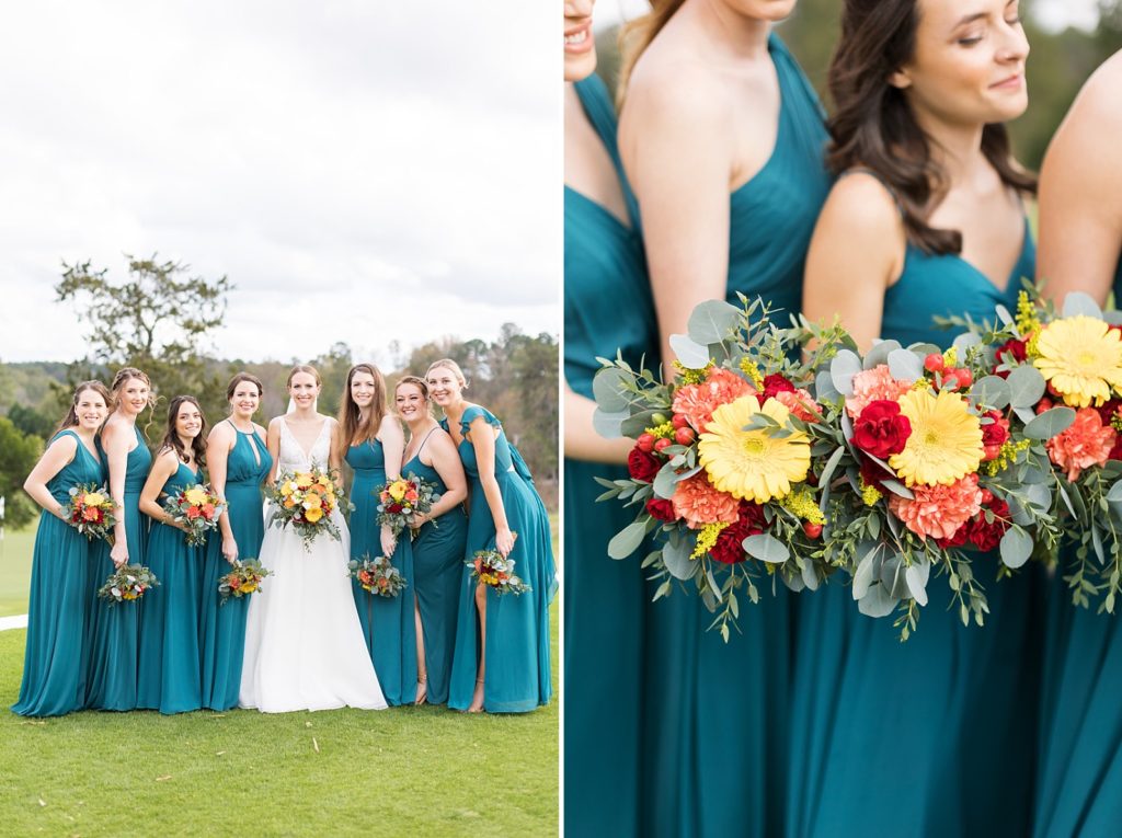 bride with her bridesmaids and fall bridal flower details | Fall wedding at Hope Valley Country Club | Durham Wedding | Raleigh NC wedding photographer 