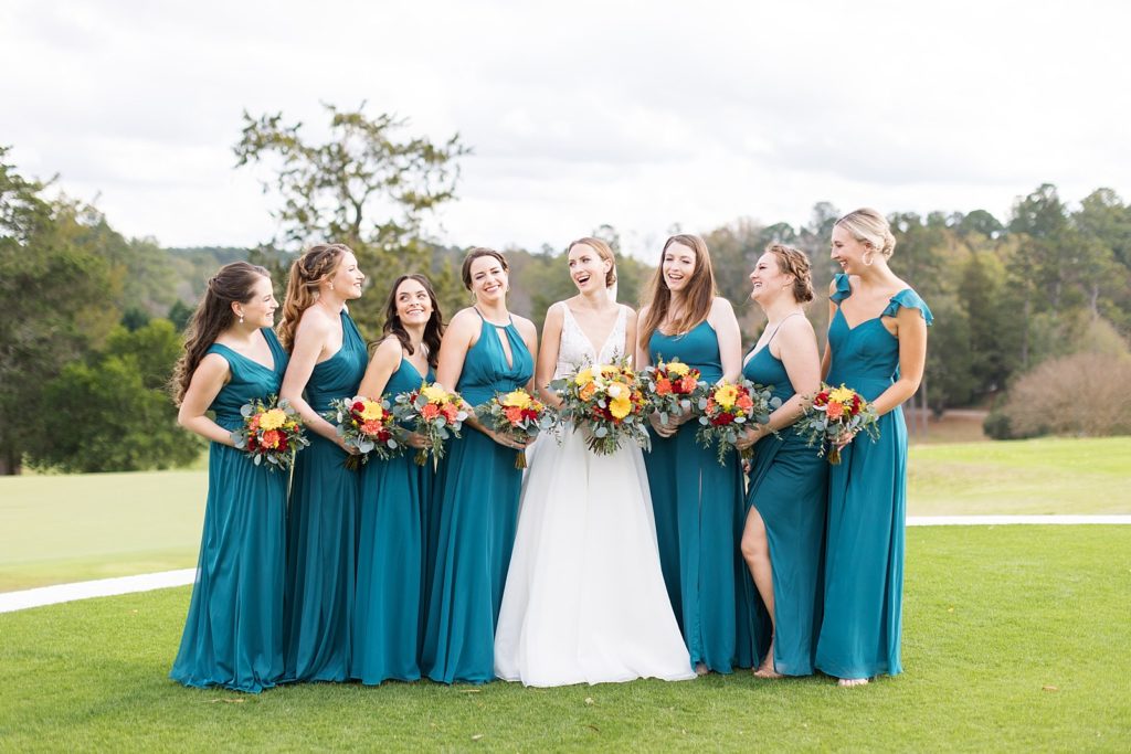 bridesmaids wearing turquoise | Fall wedding at Hope Valley Country Club | Durham Wedding | Raleigh NC wedding photographer 
