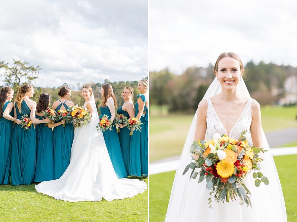 bride looking back and portrait of bride | Fall wedding at Hope Valley Country Club | Durham Wedding | Raleigh NC wedding photographer 