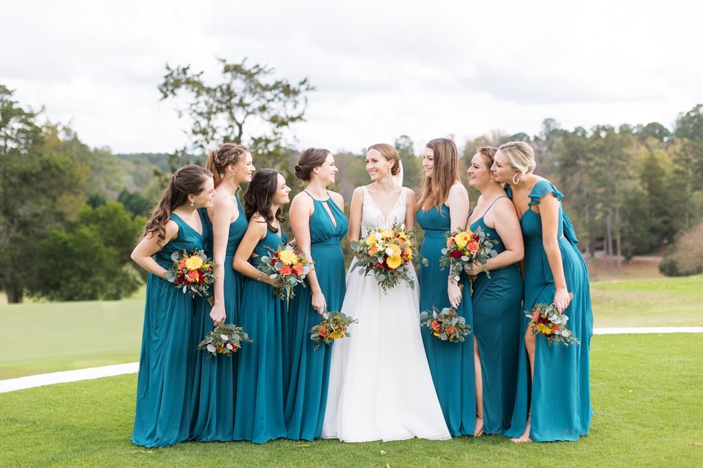 bridesmaids looking at bride | Fall wedding at Hope Valley Country Club | Durham Wedding | Raleigh NC wedding photographer 