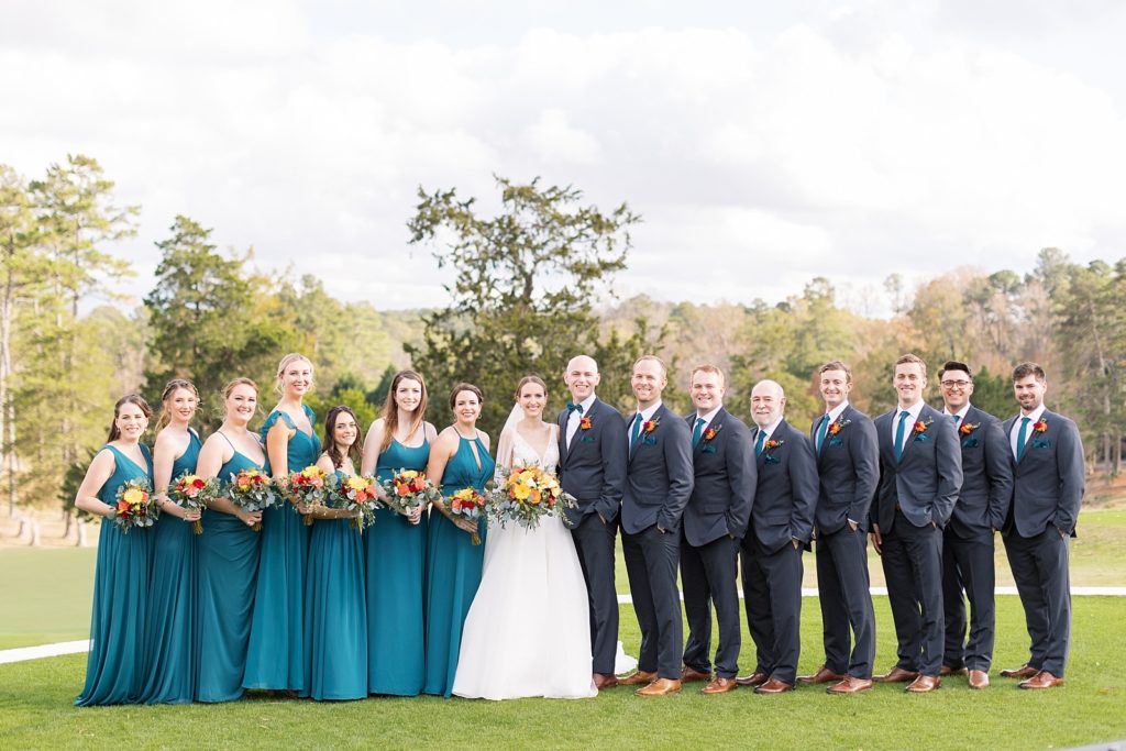 Wedding party standing on the golf course |  Hope Valley Country Club | Durham Wedding | Raleigh NC wedding photographer 