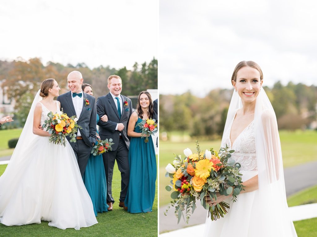 Bride and groom walking with their wedding party | Fall wedding at Hope Valley Country Club | Durham Wedding | Raleigh NC wedding photographer 