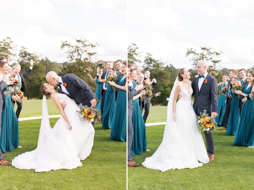 Bride and groom kissing and bride and groom with their wedding party on golf course | Fall wedding at Hope Valley Country Club | Raleigh NC wedding photographer 