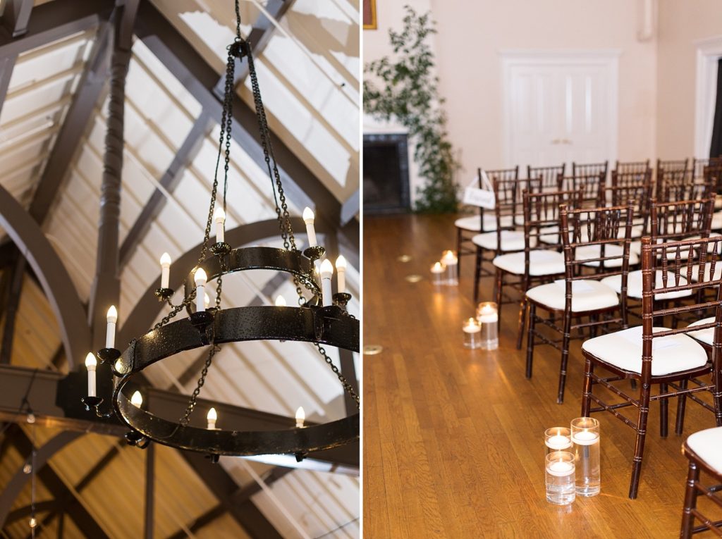 metal and candle chandelier and aisle details | Fall wedding at Hope Valley Country Club | Durham Wedding | Raleigh NC wedding photographer 