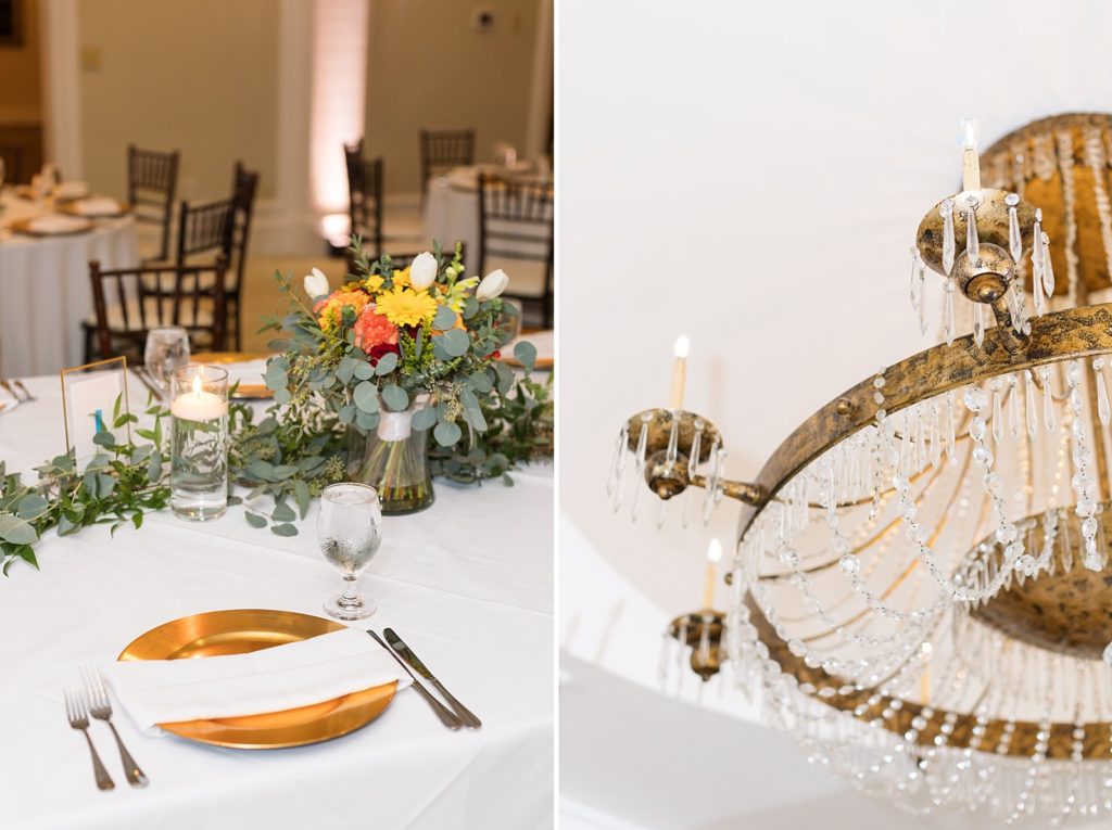 table setting and gold chandelier  | Fall wedding at Hope Valley Country Club | Durham Wedding | Raleigh NC wedding photographer 