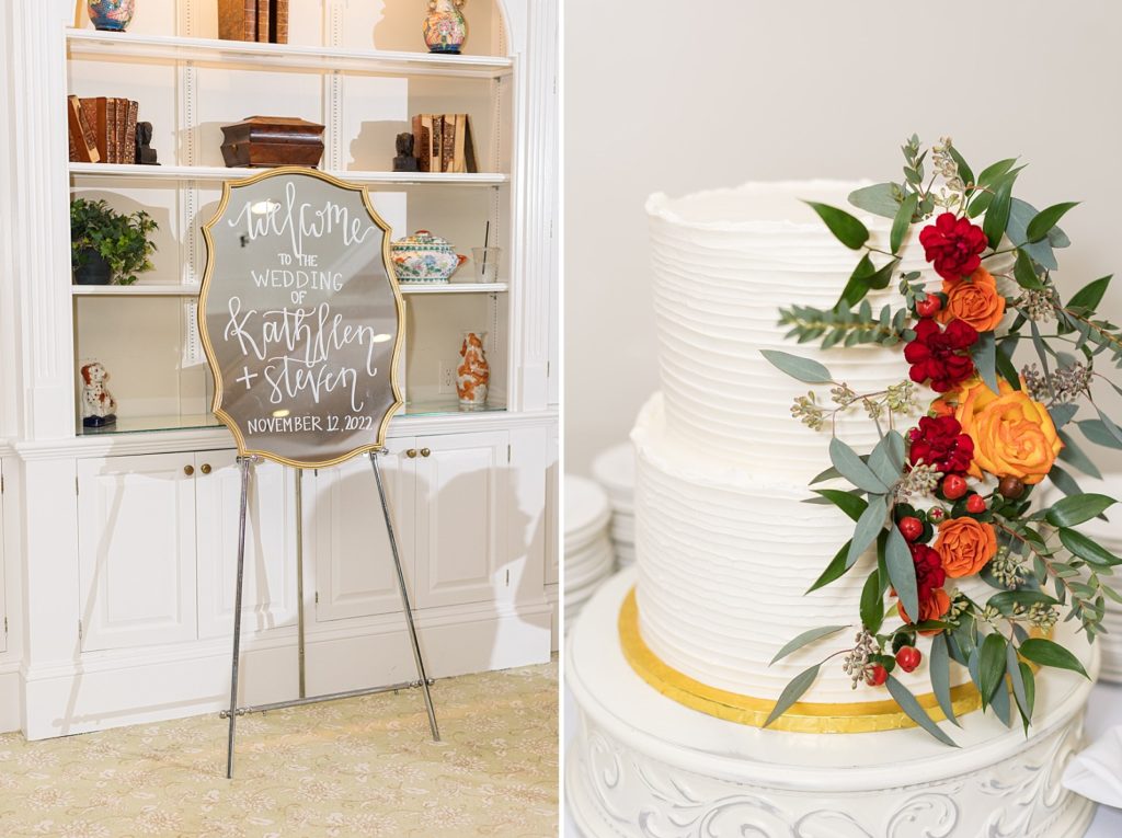 Welcome sign and wedding cake with fall florals  | Fall wedding at Hope Valley Country Club | Durham Wedding | Raleigh NC wedding photographer 