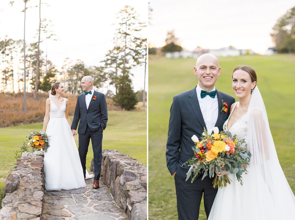 bride and groom walking on stone bridge | Fall wedding at Hope Valley Country Club | Durham Wedding | Raleigh NC wedding photographer 
